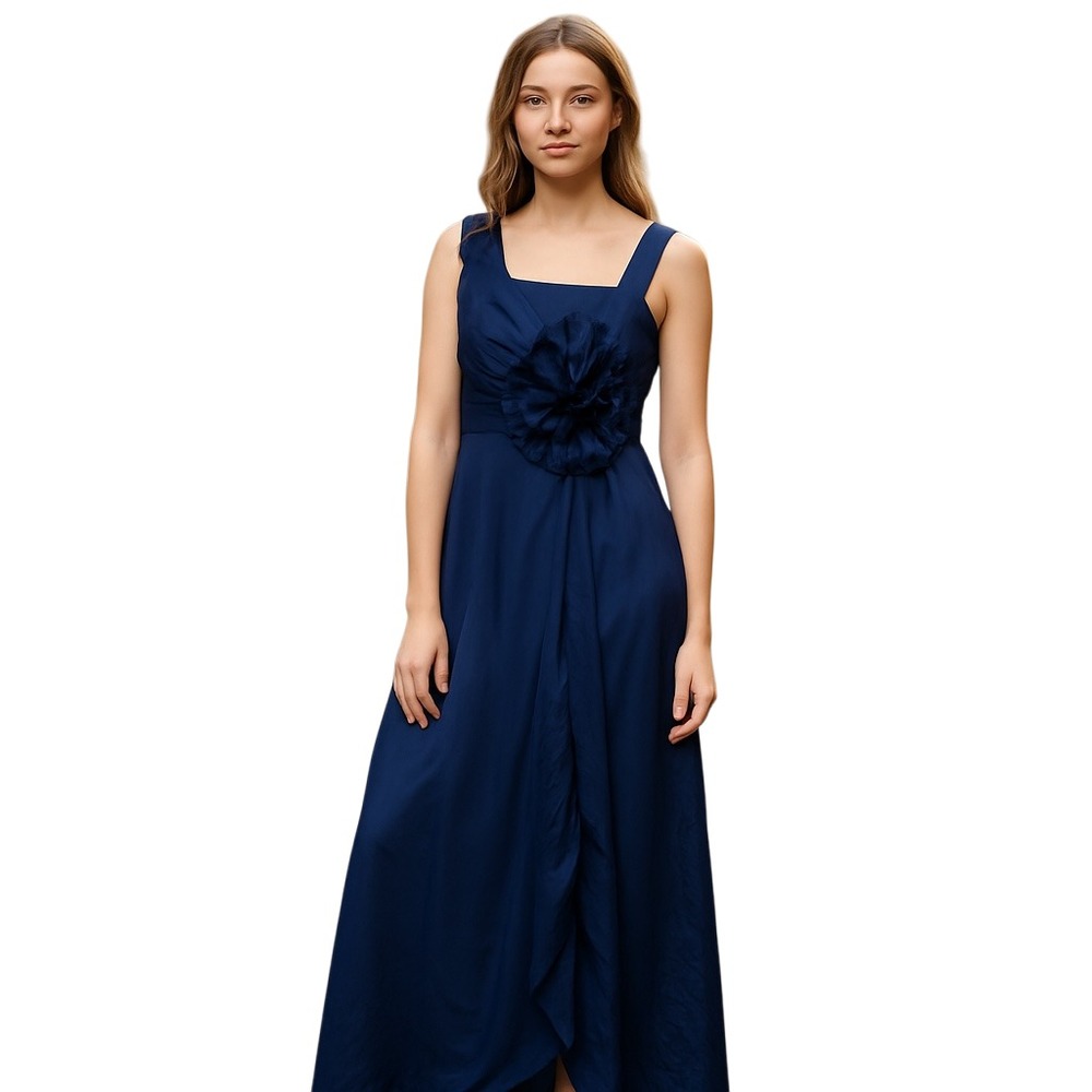 KM Collections Milla Bell Navy‎ Chiffon Maxi Dress Floral Appliqué Gown NWT